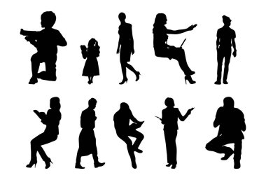 Vektör siluetleri, insanların ana hatları, Contour çizimleri, insanların siluetleri, ikon kümesi izole edilmiş, oturan insanların silueti, mimari set