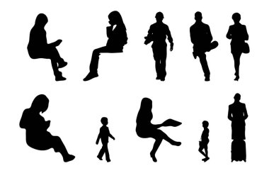 Vektör siluetleri, insanların ana hatları, Contour çizimleri, insanların siluetleri, ikon kümesi izole edilmiş, oturan insanların silueti, mimari set