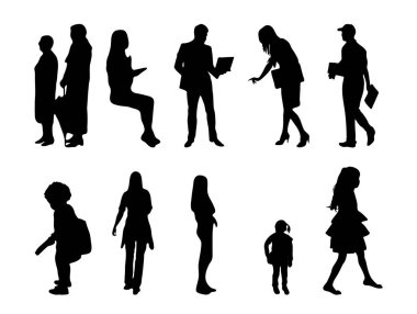 Vektör siluetleri, insanların ana hatları, Contour çizimleri, insanların siluetleri, ikon kümesi izole edilmiş, oturan insanların silueti, mimari set
