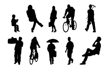 Vektör siluetleri, insanların ana hatları, Contour çizimleri, insanların siluetleri, ikon kümesi izole edilmiş, oturan insanların silueti, mimari set