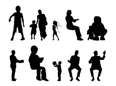 Vektör siluetleri, insanların ana hatları, Contour çizimleri, insanların siluetleri, ikon kümesi izole edilmiş, oturan insanların silueti, mimari set