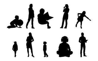 Vektör siluetleri, insanların ana hatları, Contour çizimleri, insanların siluetleri, ikon kümesi izole edilmiş, oturan insanların silueti, mimari set