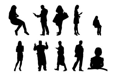 Vektör siluetleri, insanların ana hatları, Contour çizimleri, insanların siluetleri, ikon kümesi izole edilmiş, oturan insanların silueti, mimari set