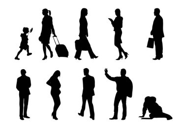 Vektör siluetleri, insanların ana hatları, Contour çizimleri, insanların siluetleri, ikon kümesi izole edilmiş, oturan insanların silueti, mimari set