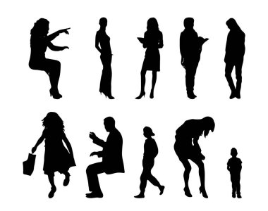 Vektör siluetleri, insanların ana hatları, Contour çizimleri, insanların siluetleri, ikon kümesi izole edilmiş, oturan insanların silueti, mimari set