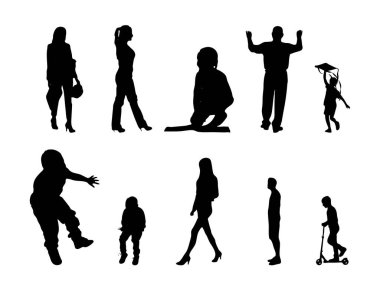 Vektör siluetleri, insanların ana hatları, Contour çizimleri, insanların siluetleri, ikon kümesi izole edilmiş, oturan insanların silueti, mimari set