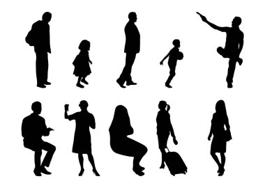 Vektör siluetleri, insanların ana hatları, Contour çizimleri, insanların siluetleri, ikon kümesi izole edilmiş, oturan insanların silueti, mimari set