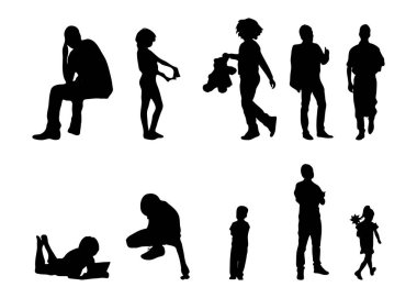 Vektör siluetleri, insanların ana hatları, Contour çizimleri, insanların siluetleri, ikon kümesi izole edilmiş, oturan insanların silueti, mimari set