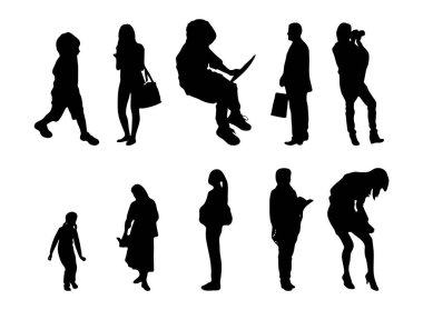 Vektör siluetleri, insanların ana hatları, Contour çizimleri, insanların siluetleri, ikon kümesi izole edilmiş, oturan insanların silueti, mimari set