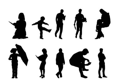 Vektör siluetleri, insanların ana hatları, Contour çizimleri, insanların siluetleri, ikon kümesi izole edilmiş, oturan insanların silueti, mimari set