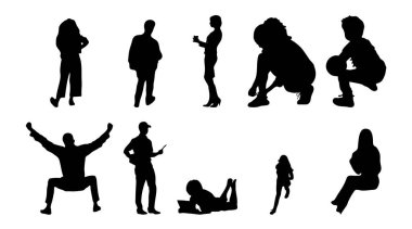 Vektör siluetleri, insanların ana hatları, Contour çizimleri, insanların siluetleri, ikon kümesi izole edilmiş, oturan insanların silueti, mimari set
