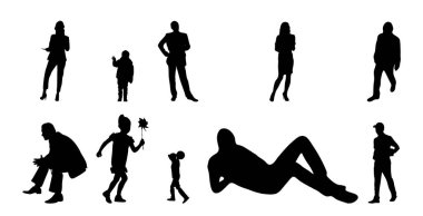 Vektör siluetleri, insanların ana hatları, Contour çizimleri, insanların siluetleri, ikon kümesi izole edilmiş, oturan insanların silueti, mimari set