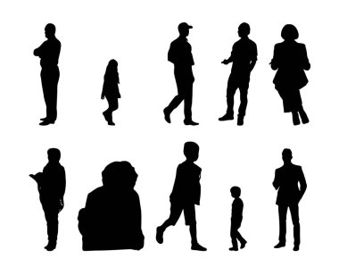 Vektör siluetleri, insanların ana hatları, Contour çizimleri, insanların siluetleri, ikon kümesi izole edilmiş, oturan insanların silueti, mimari set