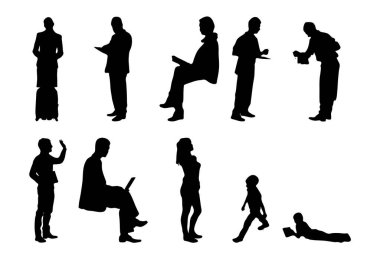 Vektör siluetleri, insanların ana hatları, Contour çizimleri, insanların siluetleri, ikon kümesi izole edilmiş, oturan insanların silueti, mimari set