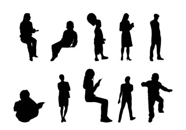 Vektör siluetleri, insanların ana hatları, Contour çizimleri, insanların siluetleri, ikon kümesi izole edilmiş, oturan insanların silueti, mimari set