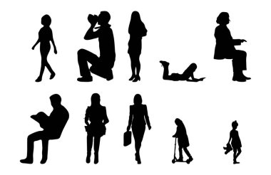 Vektör siluetleri, insanların ana hatları, Contour çizimleri, insanların siluetleri, ikon kümesi izole edilmiş, oturan insanların silueti, mimari set