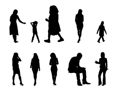 Vektör siluetleri, insanların ana hatları, Contour çizimleri, insanların siluetleri, ikon kümesi izole edilmiş, oturan insanların silueti, mimari set