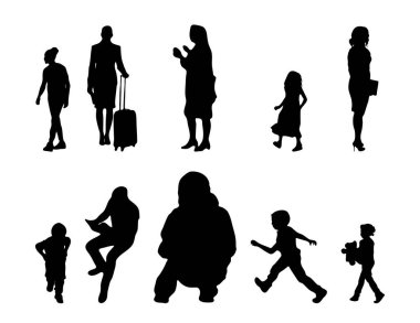 Vektör siluetleri, insanların ana hatları, Contour çizimleri, insanların siluetleri, ikon kümesi izole edilmiş, oturan insanların silueti, mimari set
