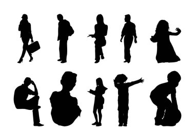 Vektör siluetleri, insanların ana hatları, Contour çizimleri, insanların siluetleri, ikon kümesi izole edilmiş, oturan insanların silueti, mimari set