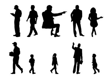 Vektör siluetleri, insanların ana hatları, Contour çizimleri, insanların siluetleri, ikon kümesi izole edilmiş, oturan insanların silueti, mimari set