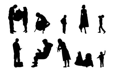 Vektör siluetleri, insanların ana hatları, Contour çizimleri, insanların siluetleri, ikon kümesi izole edilmiş, oturan insanların silueti, mimari set