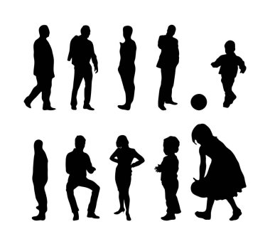 Vektör siluetleri, insanların ana hatları, Contour çizimleri, insanların siluetleri, ikon kümesi izole edilmiş, oturan insanların silueti, mimari set
