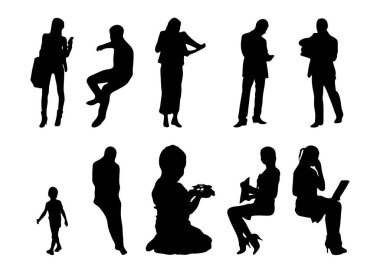 Vektör siluetleri, insanların ana hatları, Contour çizimleri, insanların siluetleri, ikon kümesi izole edilmiş, oturan insanların silueti, mimari set