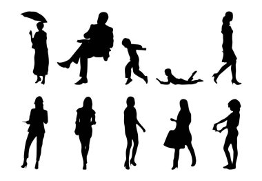 Vektör siluetleri, insanların ana hatları, Contour çizimleri, insanların siluetleri, ikon kümesi izole edilmiş, oturan insanların silueti, mimari set