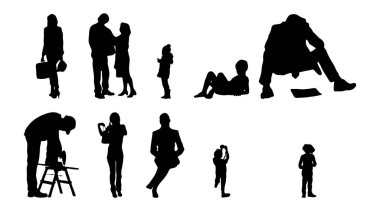 Vektör siluetleri, insanların ana hatları, Contour çizimleri, insanların siluetleri, ikon kümesi izole edilmiş, oturan insanların silueti, mimari set