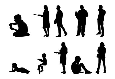 Vektör siluetleri, insanların ana hatları, Contour çizimleri, insanların siluetleri, ikon kümesi izole edilmiş, oturan insanların silueti, mimari set