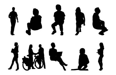 Vektör siluetleri, insanların ana hatları, Contour çizimleri, insanların siluetleri, ikon kümesi izole edilmiş, oturan insanların silueti, mimari set