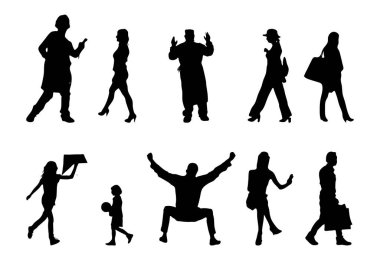 Vektör siluetleri, insanların ana hatları, Contour çizimleri, insanların siluetleri, ikon kümesi izole edilmiş, oturan insanların silueti, mimari set