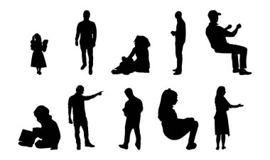 Vektör siluetleri, insanların ana hatları, Contour çizimleri, insanların siluetleri, ikon kümesi izole edilmiş, oturan insanların silueti, mimari set