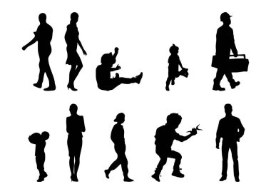 Vektör siluetleri, insanların ana hatları, Contour çizimleri, insanların siluetleri, ikon kümesi izole edilmiş, oturan insanların silueti, mimari set