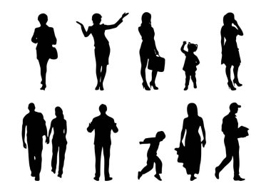 Vektör siluetleri, insanların ana hatları, Contour çizimleri, insanların siluetleri, ikon kümesi izole edilmiş, oturan insanların silueti, mimari set