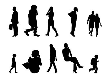 Vektör siluetleri, insanların ana hatları, Contour çizimleri, insanların siluetleri, ikon kümesi izole edilmiş, oturan insanların silueti, mimari set