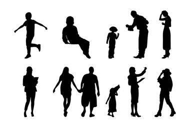 Vektör siluetleri, insanların ana hatları, Contour çizimleri, insanların siluetleri, ikon kümesi izole edilmiş, oturan insanların silueti, mimari set