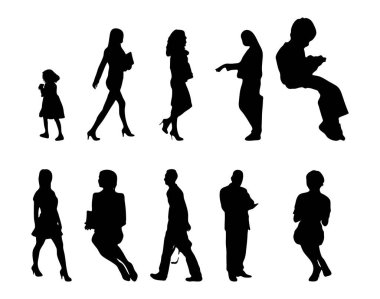 Vektör siluetleri, insanların ana hatları, Contour çizimleri, insanların siluetleri, ikon kümesi izole edilmiş, oturan insanların silueti, mimari set