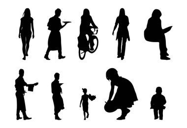 Vektör siluetleri, insanların ana hatları, Contour çizimleri, insanların siluetleri, ikon kümesi izole edilmiş, oturan insanların silueti, mimari set