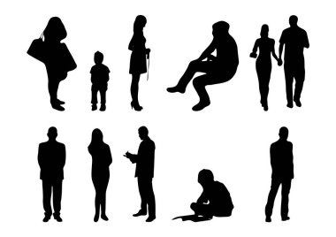 Vektör siluetleri, insanların ana hatları, Contour çizimleri, insanların siluetleri, ikon kümesi izole edilmiş, oturan insanların silueti, mimari set