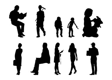 Vektör siluetleri, insanların ana hatları, Contour çizimleri, insanların siluetleri, ikon kümesi izole edilmiş, oturan insanların silueti, mimari set