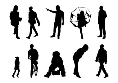 Vektör siluetleri, insanların ana hatları, Contour çizimleri, insanların siluetleri, ikon kümesi izole edilmiş, oturan insanların silueti, mimari set