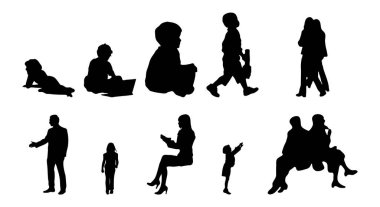 Vektör siluetleri, insanların ana hatları, Contour çizimleri, insanların siluetleri, ikon kümesi izole edilmiş, oturan insanların silueti, mimari set