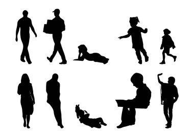 Vektör siluetleri, insanların ana hatları, Contour çizimleri, insanların siluetleri, ikon kümesi izole edilmiş, oturan insanların silueti, mimari set