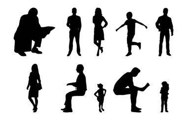Vektör siluetleri, insanların ana hatları, Contour çizimleri, insanların siluetleri, ikon kümesi izole edilmiş, oturan insanların silueti, mimari set