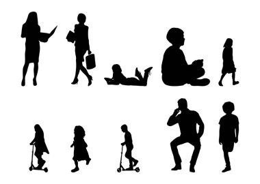 Vektör siluetleri, insanların ana hatları, Contour çizimleri, insanların siluetleri, ikon kümesi izole edilmiş, oturan insanların silueti, mimari set