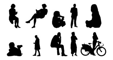 Vektör siluetleri, insanların ana hatları, Contour çizimleri, insanların siluetleri, ikon kümesi izole edilmiş, oturan insanların silueti, mimari set