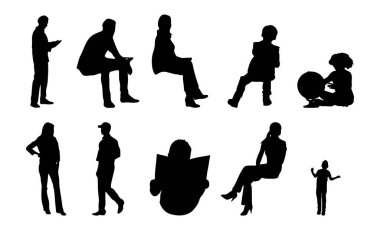 Vektör siluetleri, insanların ana hatları, Contour çizimleri, insanların siluetleri, ikon kümesi izole edilmiş, oturan insanların silueti, mimari set