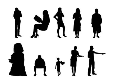 Vektör siluetleri, insanların ana hatları, Contour çizimleri, insanların siluetleri, ikon kümesi izole edilmiş, oturan insanların silueti, mimari set