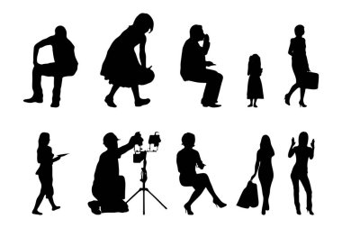 Vektör siluetleri, insanların ana hatları, Contour çizimleri, insanların siluetleri, ikon kümesi izole edilmiş, oturan insanların silueti, mimari set